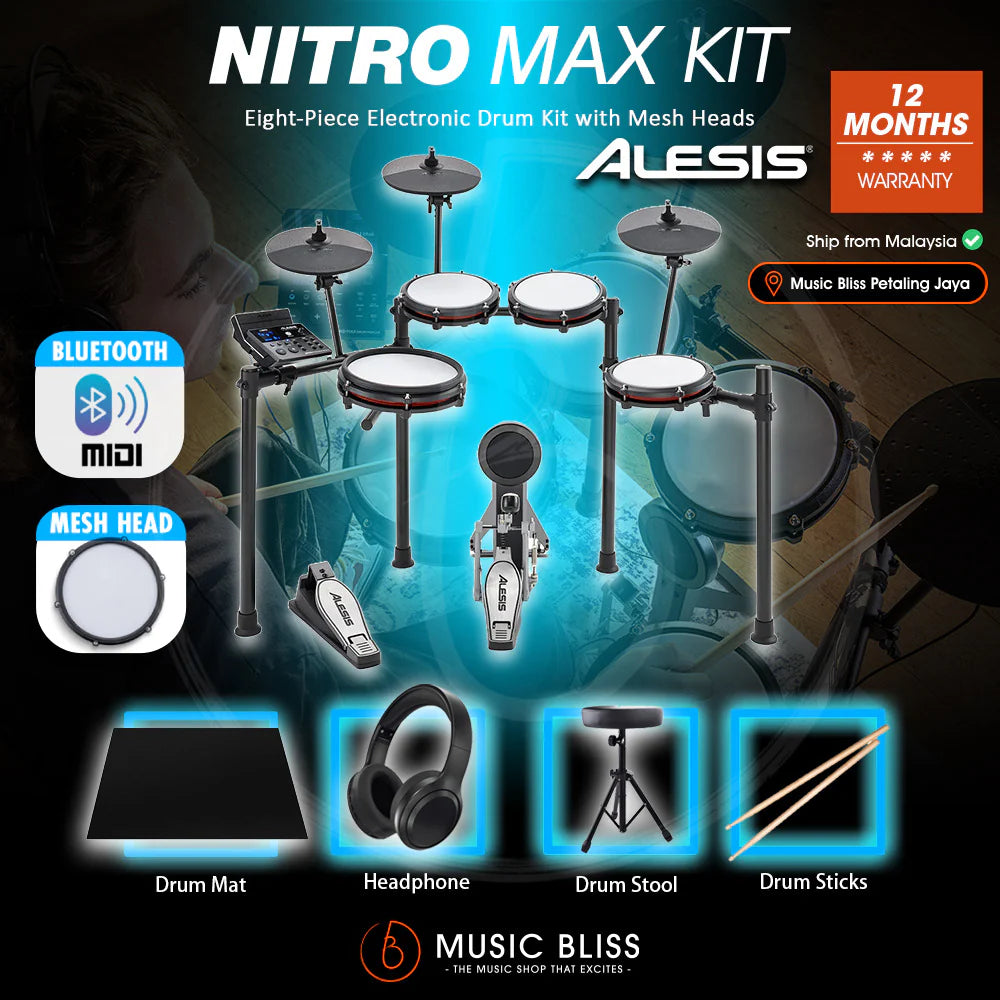 Alesis Nitro Max 8-Piece Electronic Drum Kit with Mesh Heads and Bluetooth