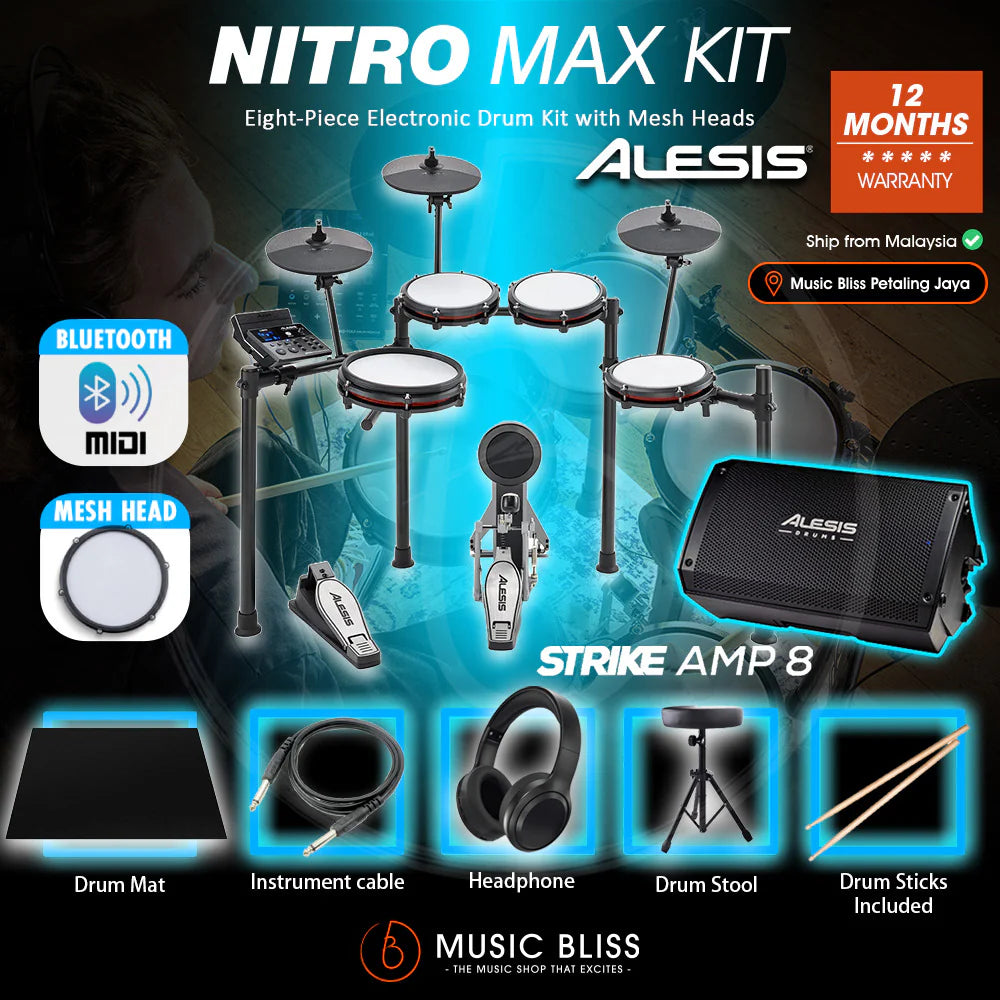 Alesis Nitro Max 8-Piece Electronic Drum Kit with Mesh Heads and Bluetooth
