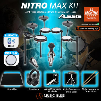 Alesis Nitro Max 8-Piece Electronic Drum Kit with Mesh Heads and Bluetooth