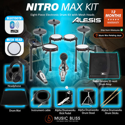 Alesis Nitro Max 8-Piece Electronic Drum Kit with Mesh Heads and Bluetooth