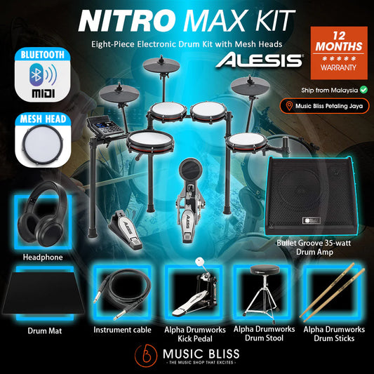 Alesis Nitro Max 8-Piece Electronic Drum Kit with Mesh Heads and Bluetooth
