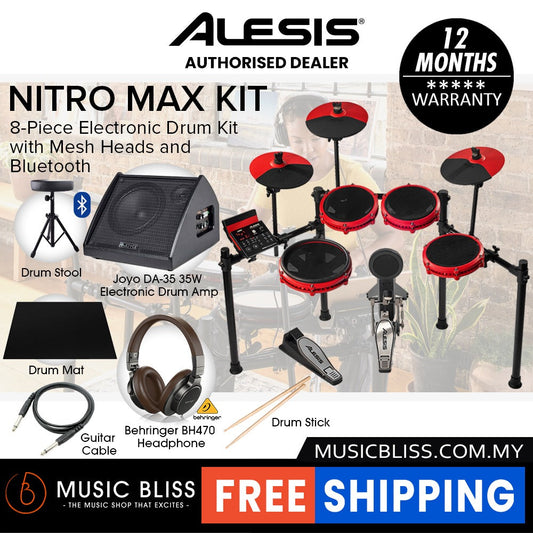 Alesis Nitro Max SE 8-Piece Electronic Drum Kit with Mesh Heads and Bluetooth Bundle Set with Joyo DA-35 Drum Amplifier, Headphone, Drum Rug, Cable and Drumstick