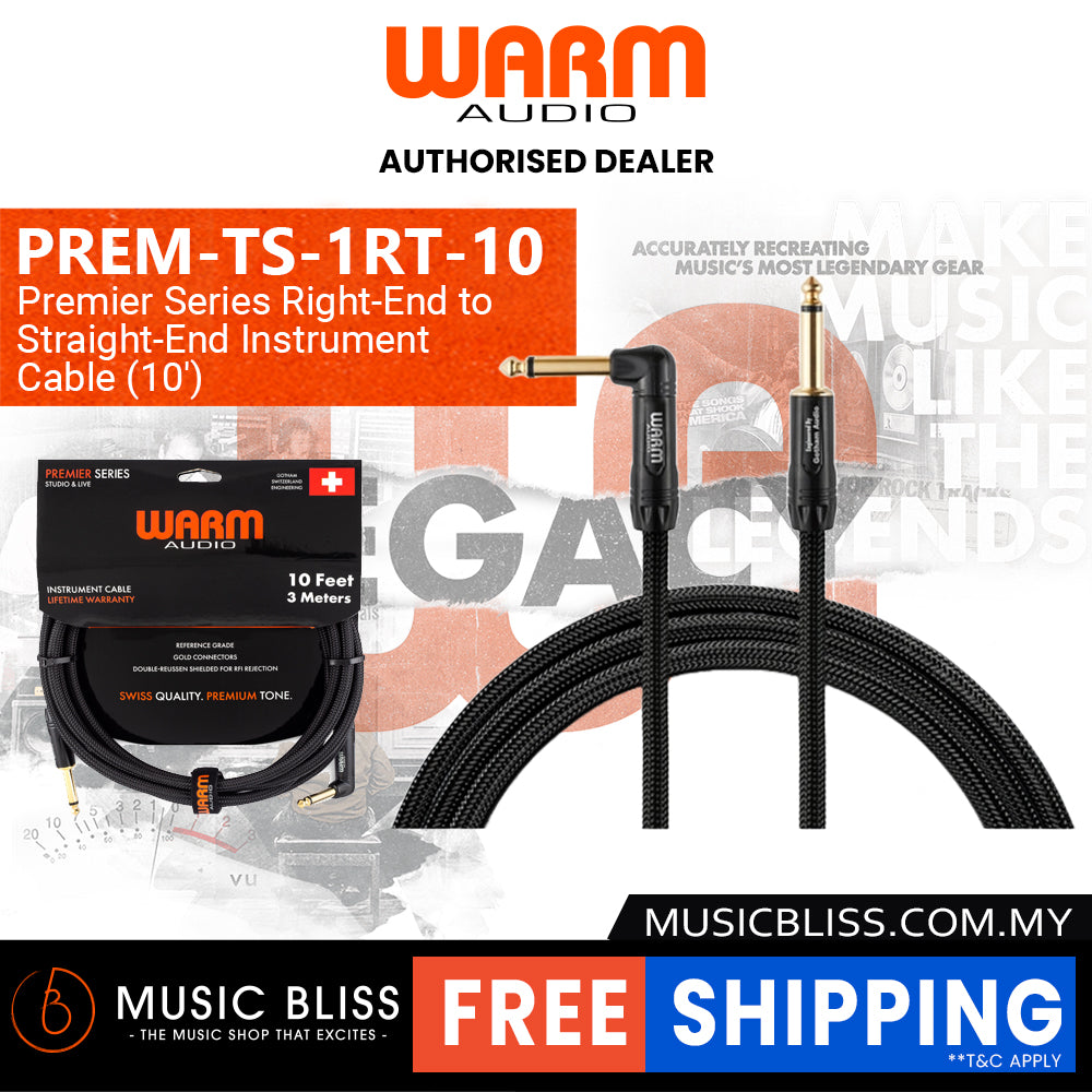 Warm Audio Prem-TS-1RT-10' Premier Gold Straight to Right Angle Instrument Cable - 10-foot