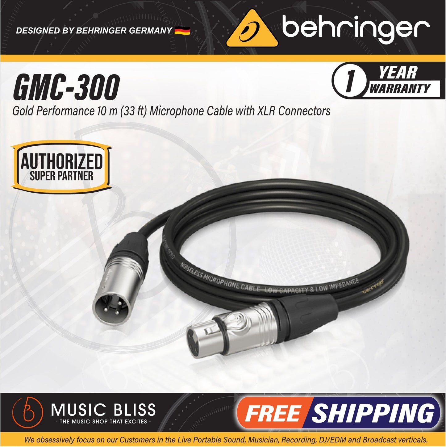 Behringer GMC-300 Gold Performance 3m (10ft) Microphone Cable with XLR Connectors - Music Bliss Malaysia