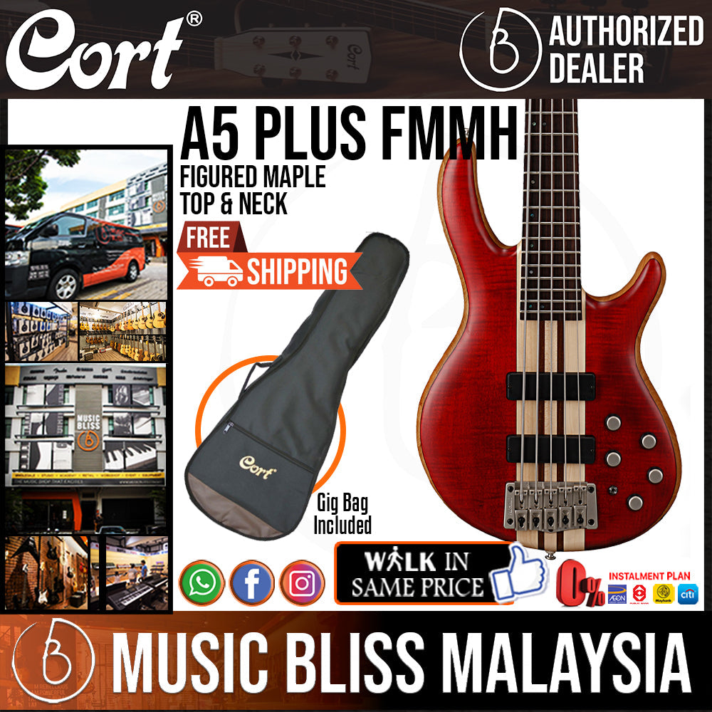 Cort A5 Plus FMMH 5-String Bass Guitar with Bag - Open Pore Black Cherry (A-5 A 5) - Music Bliss Malaysia