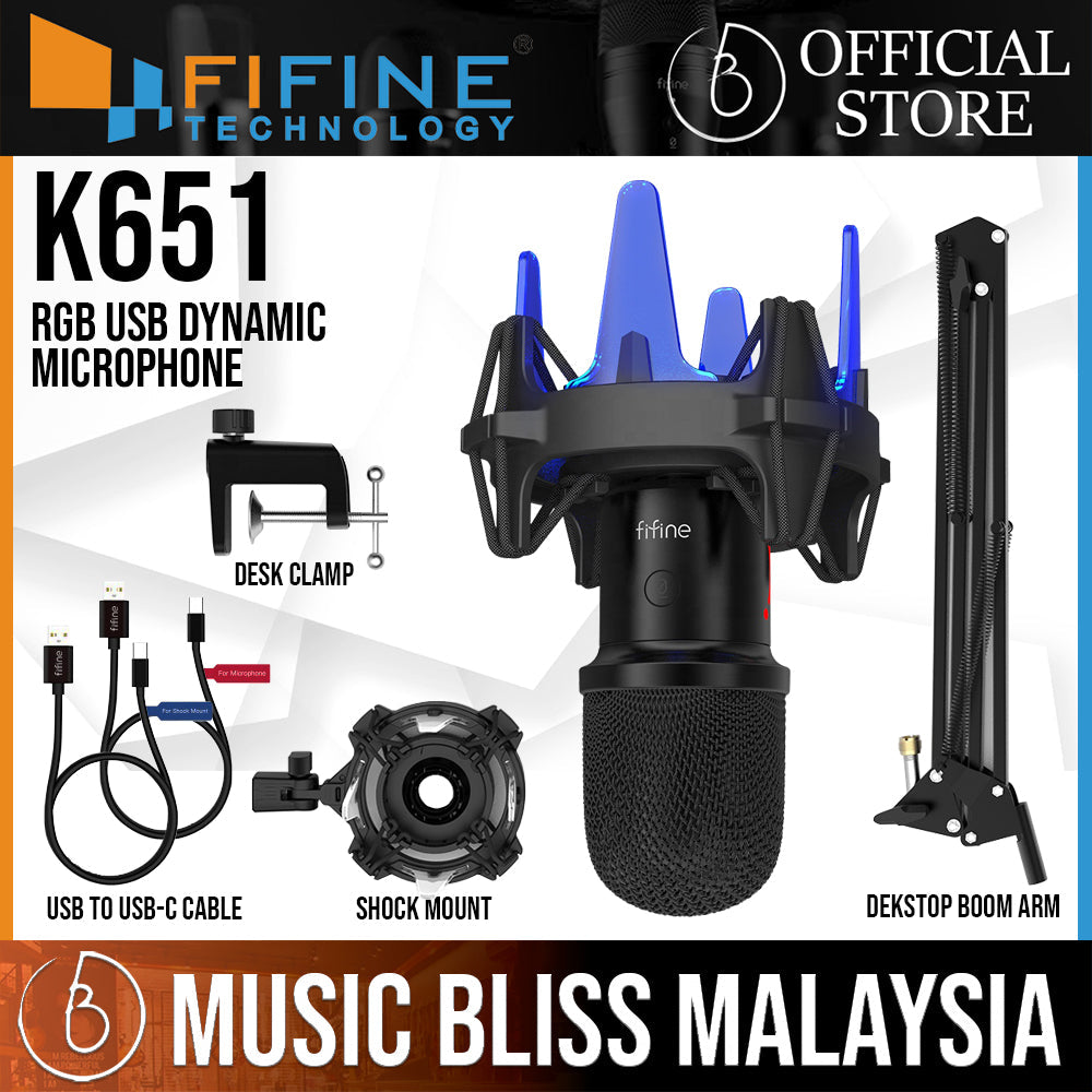 FIFINE K651 RGB USB Dynamic Microphone with Noise Cancelling & Mute Button, for Gaming, Streaming, Podcasting, Facebook, Youtube - Music Bliss Malaysia