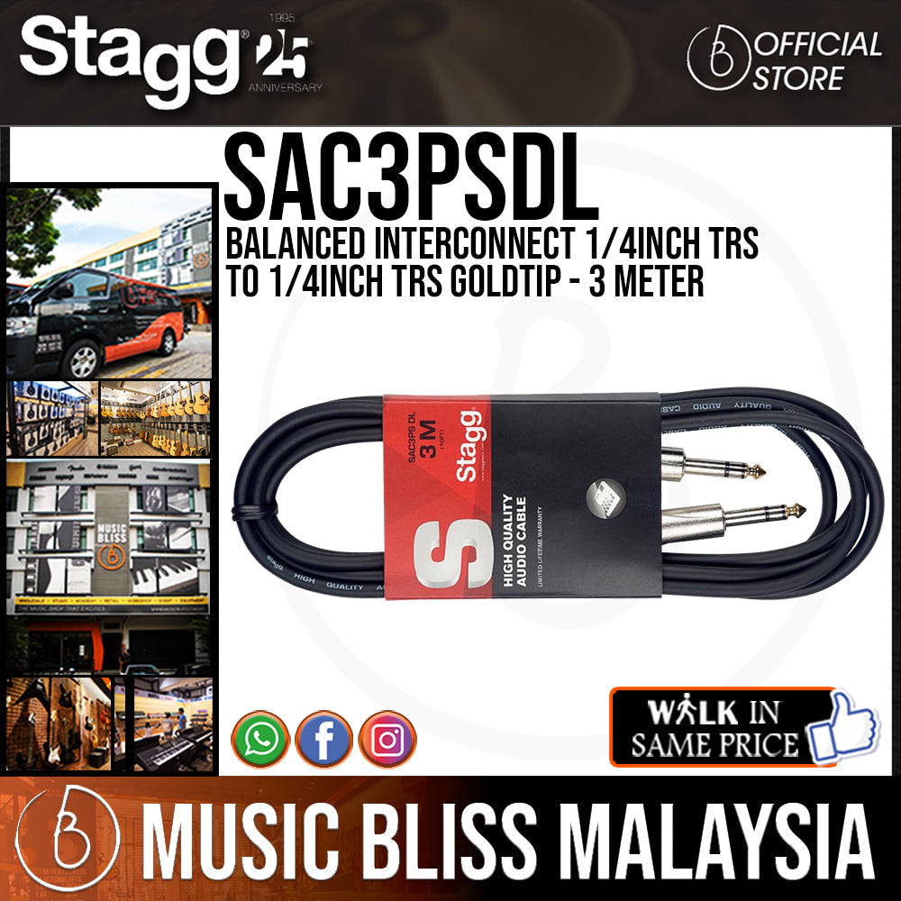 Stagg SAC3PSDL Balanced Interconnect 1/4inch TRS to 1/4inch TRS Goldtip - 3 Meter - Music Bliss Malaysia