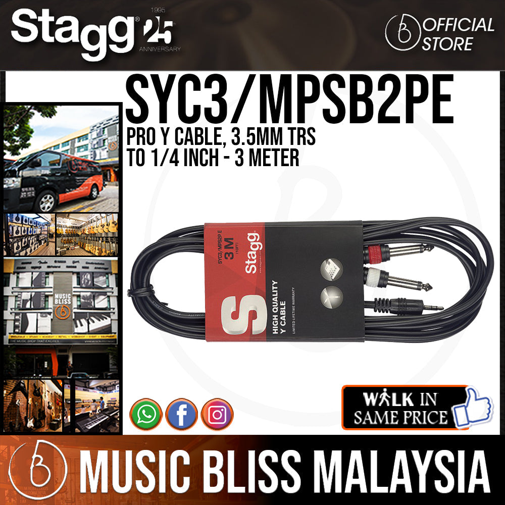 Stagg SYC3/MPSB2PE Pro Y Cable, 3.5mm TRS to 1/4 inch - 3 Meter (SYC3MPSB2PE) - Music Bliss Malaysia