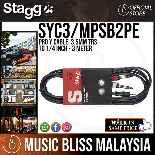 Stagg SYC3/MPSB2PE Pro Y Cable, 3.5mm TRS to 1/4 inch - 3 Meter (SYC3MPSB2PE) - Music Bliss Malaysia