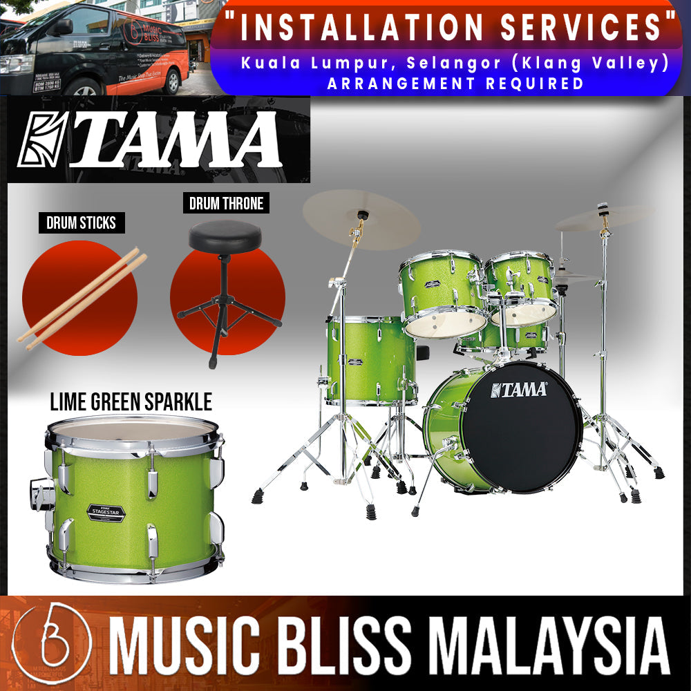 Tama Stagestar 5-piece Drum Set with Drumsticks and Throne - 22" Kick - Lime Green Sparkle - Music Bliss Malaysia