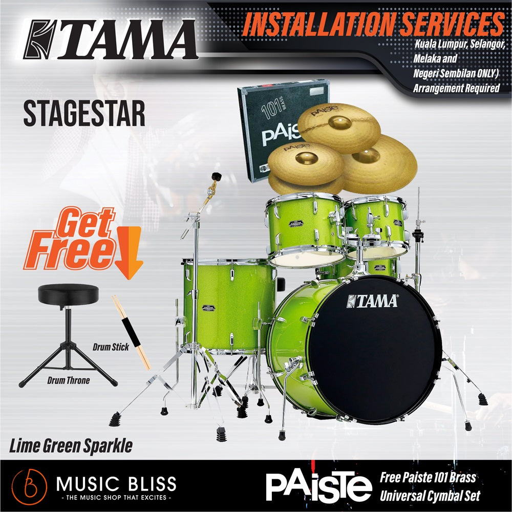 Tama Stagestar 5-piece Drum Set with Drumsticks and Throne - 22" Kick - Lime Green Sparkle - Music Bliss Malaysia