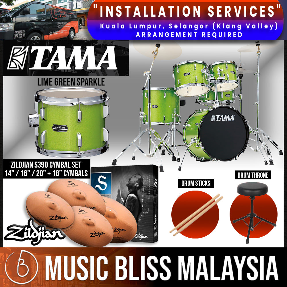 Tama Stagestar 5-piece Drum Set with Drumsticks and Throne - 22" Kick - Lime Green Sparkle - Music Bliss Malaysia