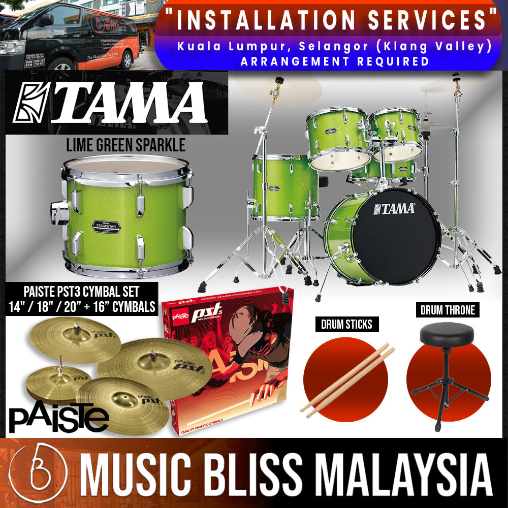 Tama Stagestar 5-piece Drum Set with Drumsticks and Throne - 22" Kick - Lime Green Sparkle - Music Bliss Malaysia