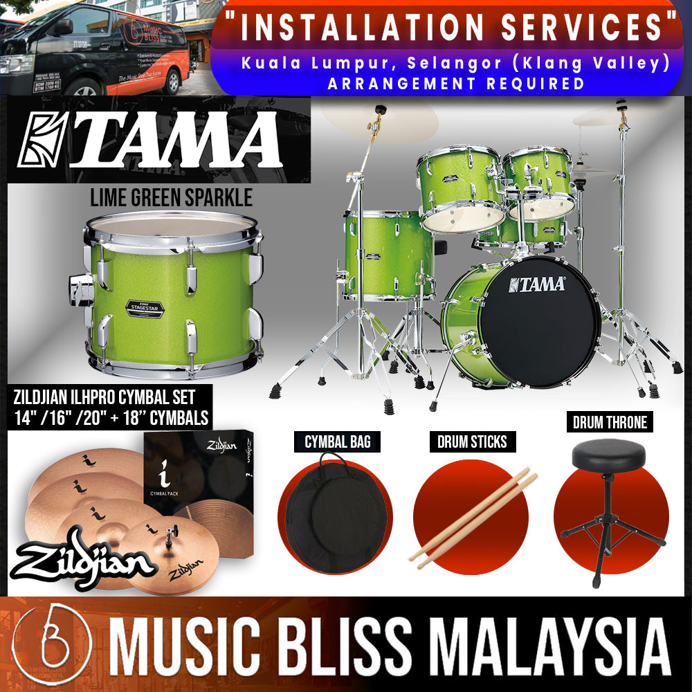 Tama Stagestar 5-piece Drum Set with Drumsticks and Throne - 22" Kick - Lime Green Sparkle - Music Bliss Malaysia