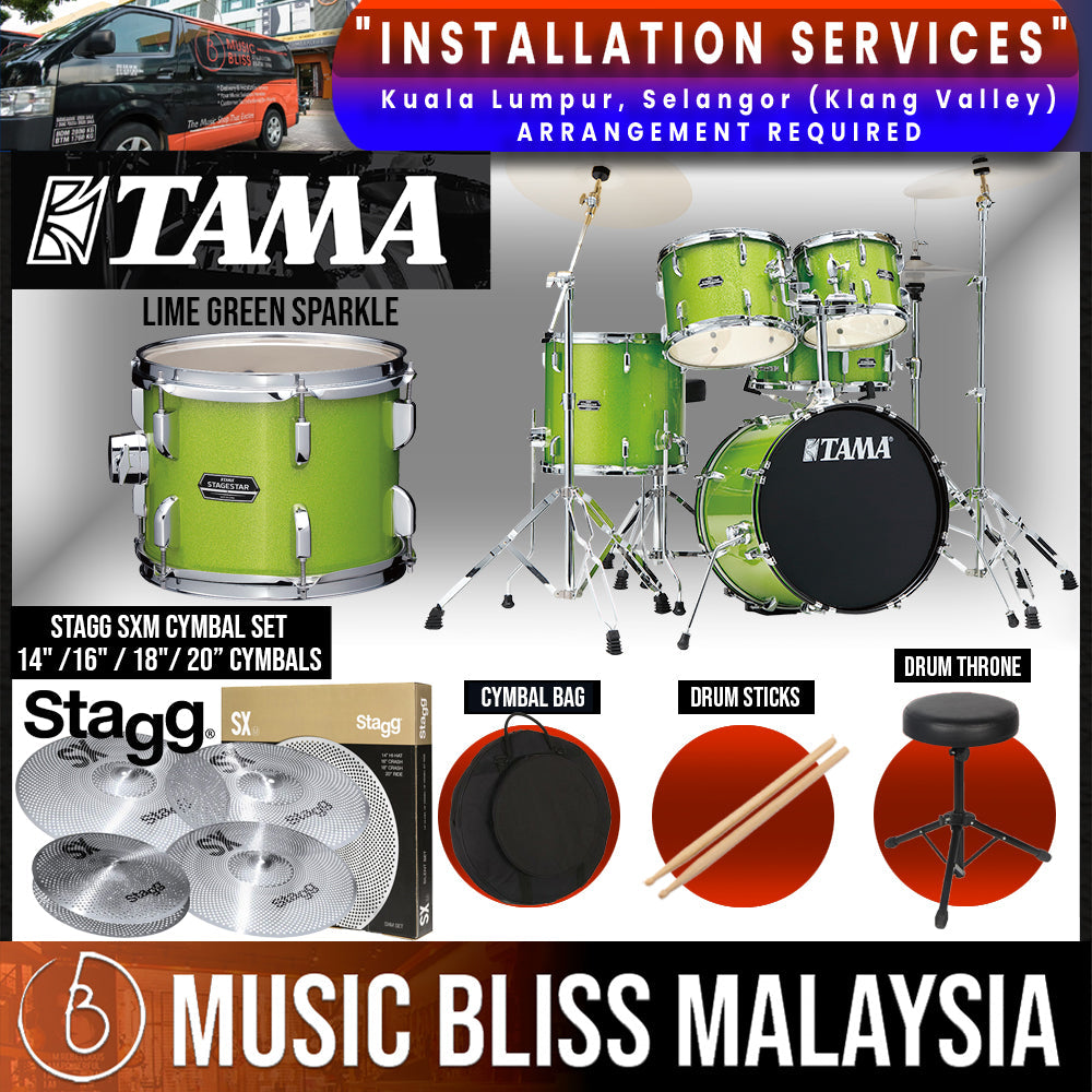 Tama Stagestar 5-piece Drum Set with Drumsticks and Throne - 22" Kick - Lime Green Sparkle - Music Bliss Malaysia