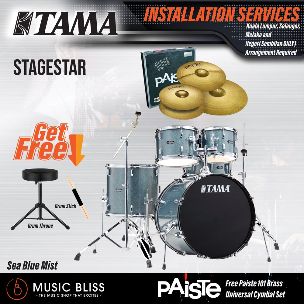 Tama Stagestar 5-piece Drum Set with Drumsticks and Throne - 22" Kick - Sea Blue Mist - Music Bliss Malaysia