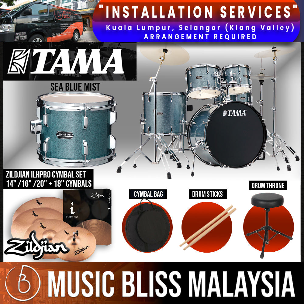 Tama Stagestar 5-piece Drum Set with Drumsticks and Throne - 22" Kick - Sea Blue Mist - Music Bliss Malaysia