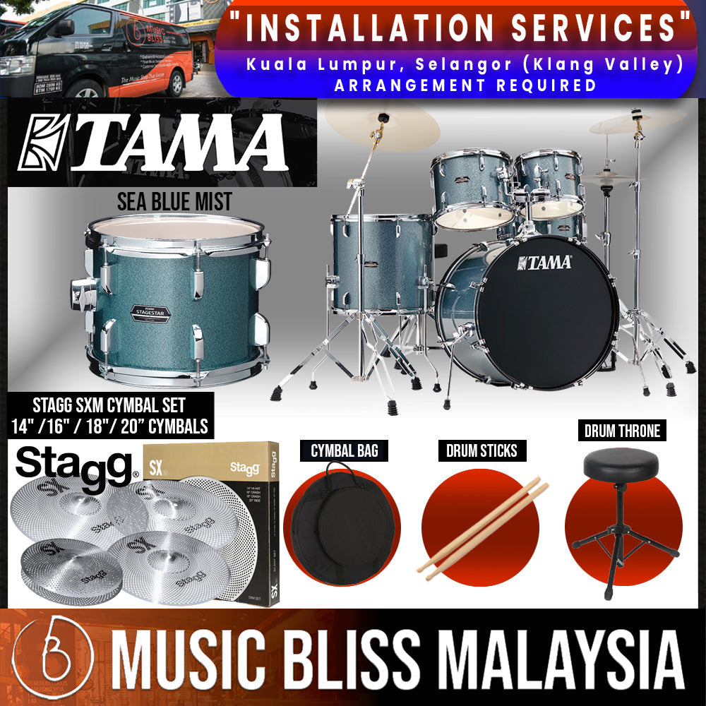 Tama Stagestar 5-piece Drum Set with Drumsticks and Throne - 22" Kick - Sea Blue Mist - Music Bliss Malaysia