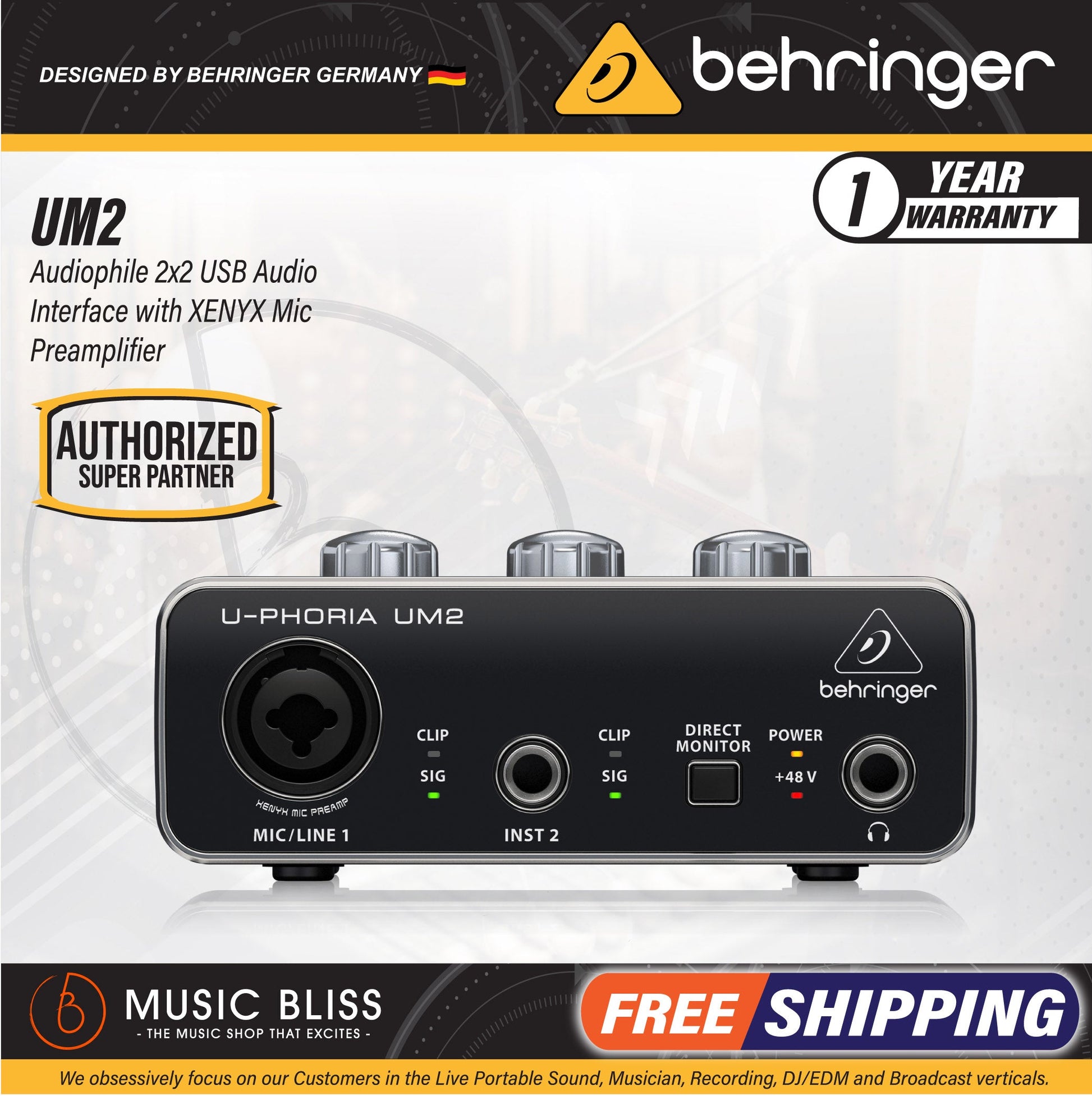Behringer U-Phoria UM2 USB Audio Interface - Music Bliss Malaysia