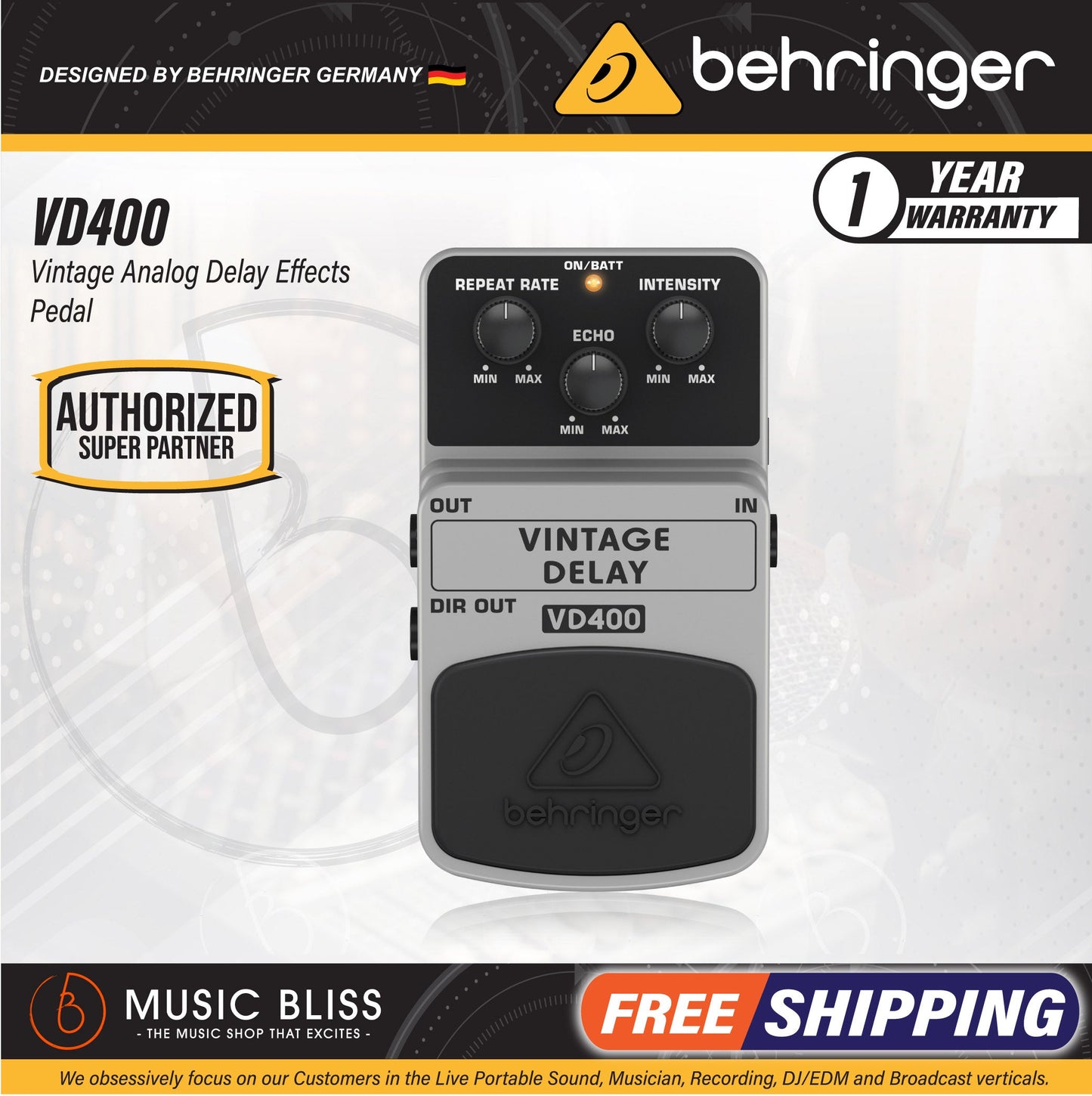 Behringer VD400 Vintage Delay Guitar Effects Pedal - Music Bliss Malaysia