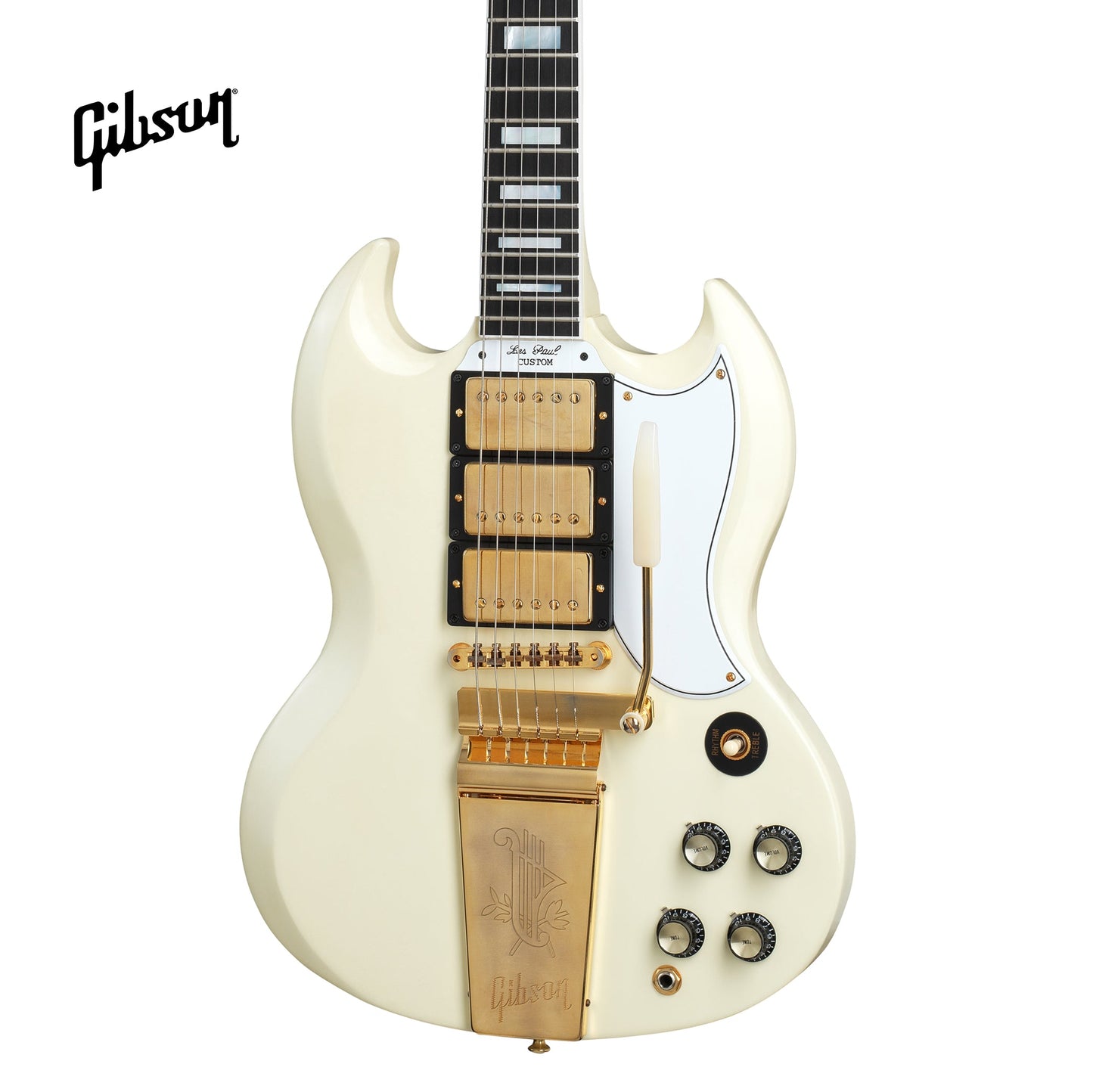 GIBSON 1963 LES PAUL SG CUSTOM REISSUE 3-PICKUP WITH MAESTRO VIBROLA VOS ELECTRIC GUITAR - CLASSIC WHITE - Music Bliss Malaysia